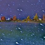 雪舞う橋杭岩