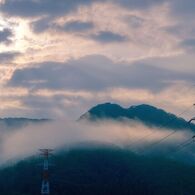 朝霧と送電線