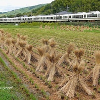 積藁と鉄道の風景