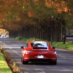 紅葉トンネルを走る赤い車