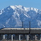 冠雪の粟ケ岳と上越新幹線