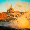 Cathedral behind waves