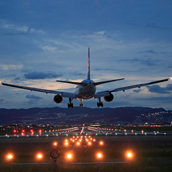 Landing in the blue sky of the at dark