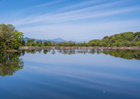 春の池と空