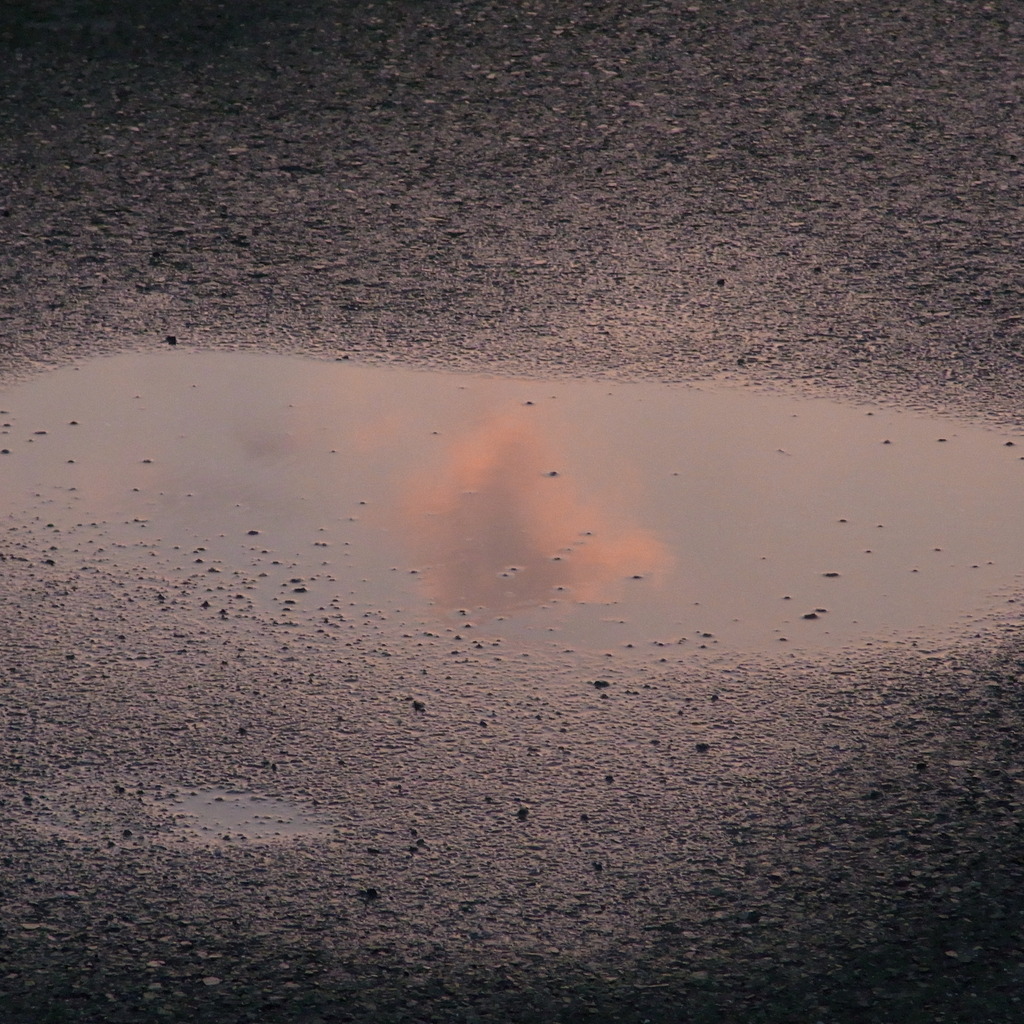 水たまりと朝日に照らされた雲