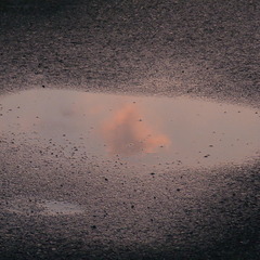 水たまりと朝日に照らされた雲