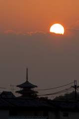 法隆寺と夕日