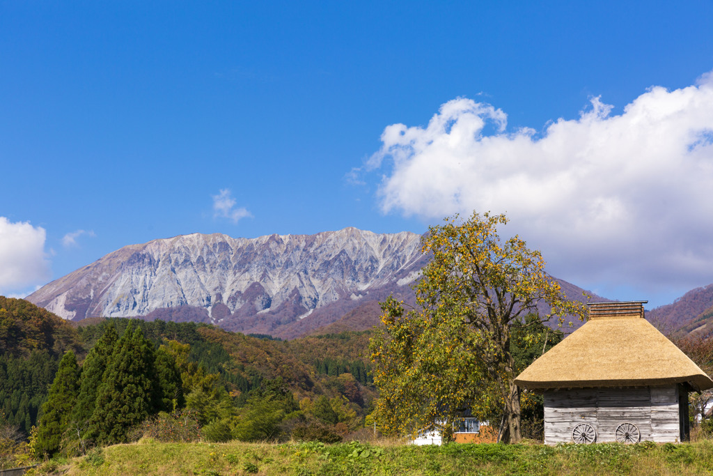 御机の茅葺小屋と大山