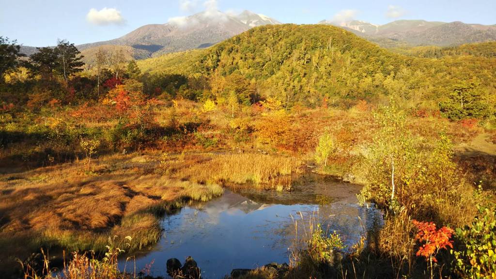 朝日に輝く偲ぶの池と乗鞍岳