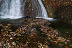 暮秋の滝、落ち葉踊る