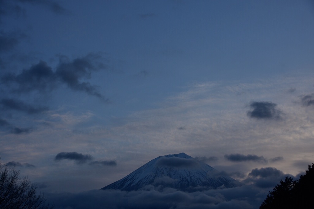 地上から覗く雲海の上の富士