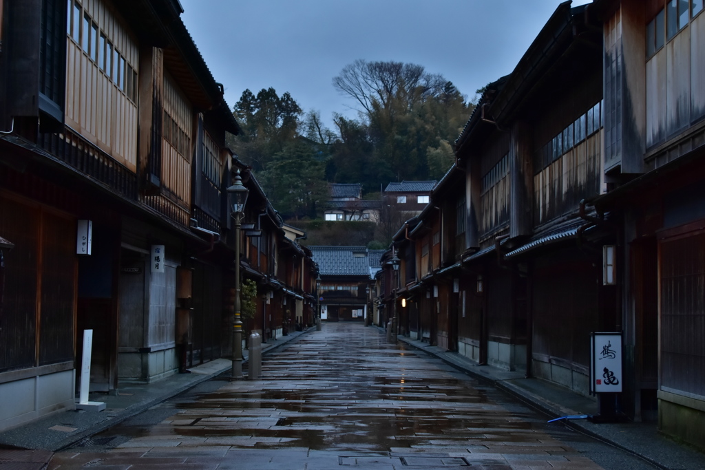 濡れる早朝の茶屋街