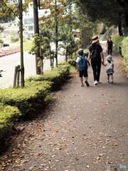 落ち葉の道を歩く最愛の家族