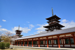 桜と東西両塔～薬師寺