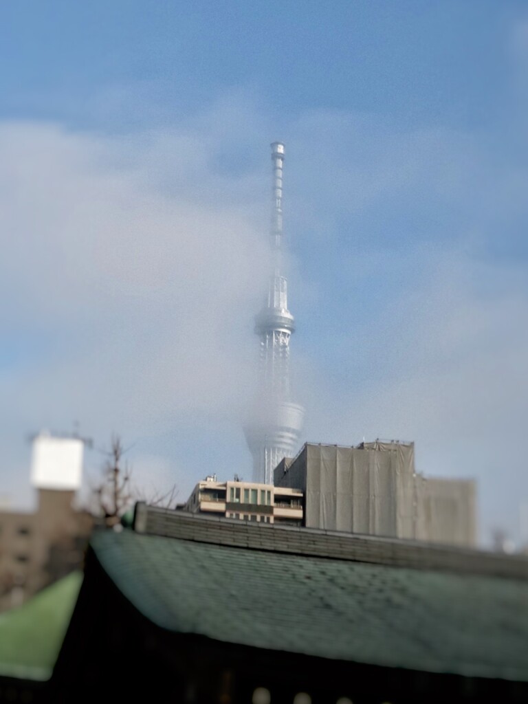 浅草寺新春風景　かすむスカイツリー