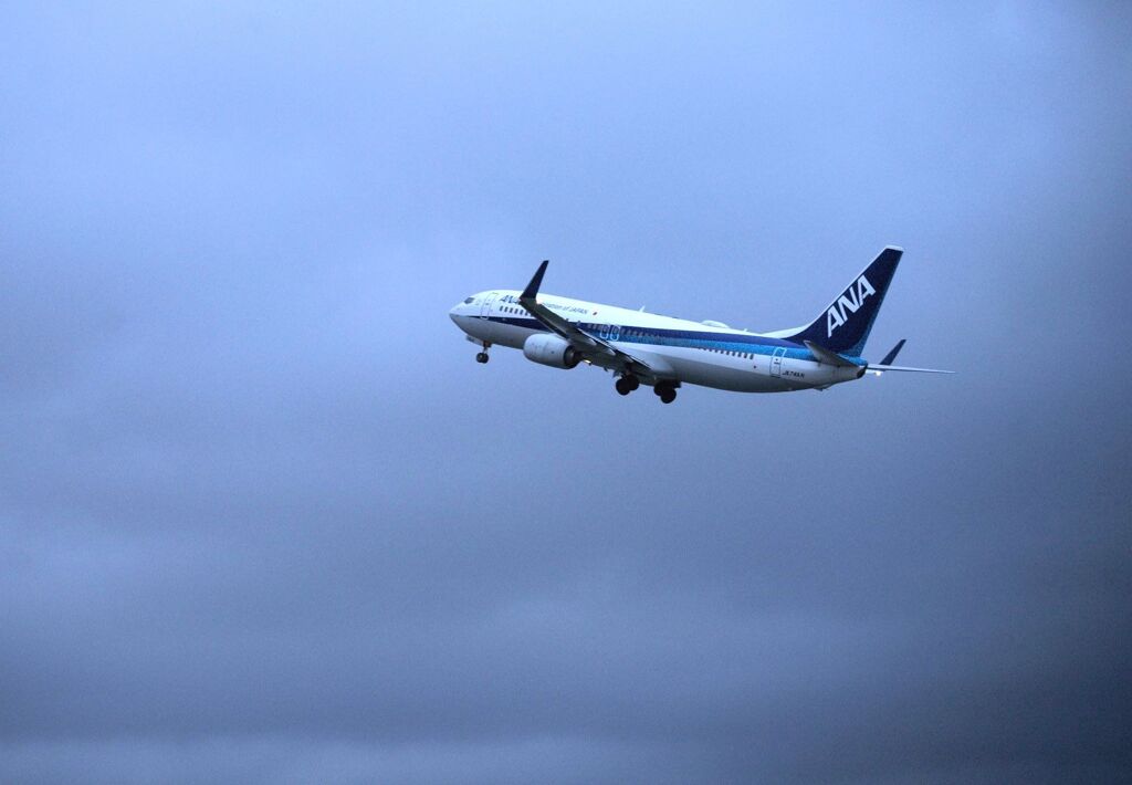 曇り空に飛び立ったANAボーイング737-800