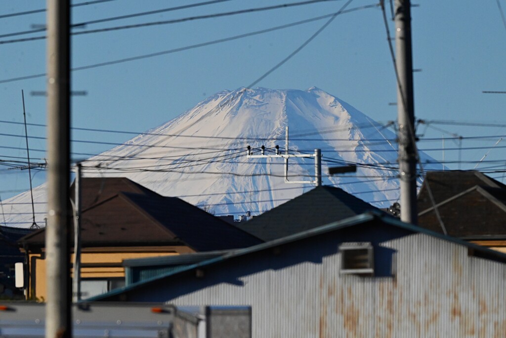 用水路・真っ白に輝く富士山