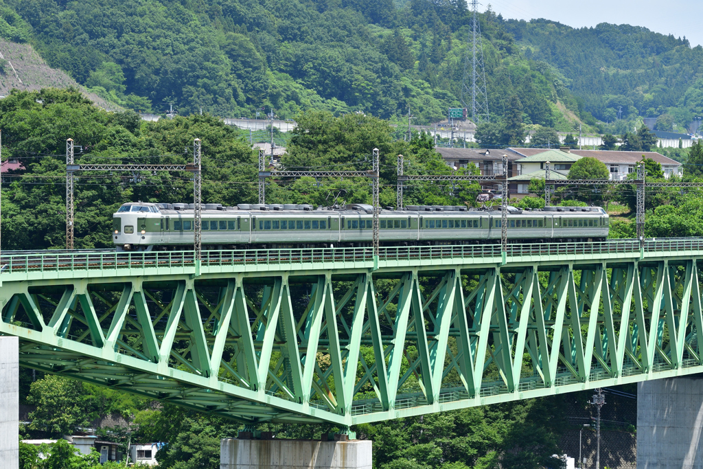 グリーンの橋をグリーンの列車が走る