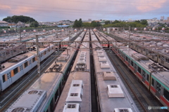 朝の電車車庫