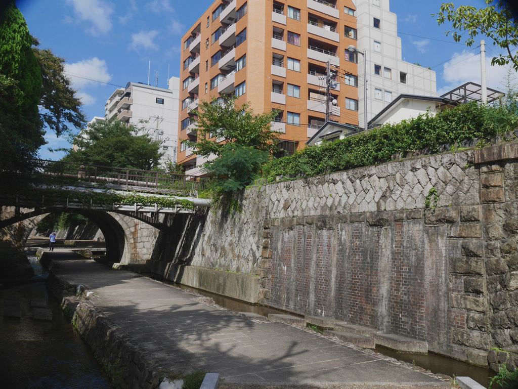 京都堀川の遊歩道にて