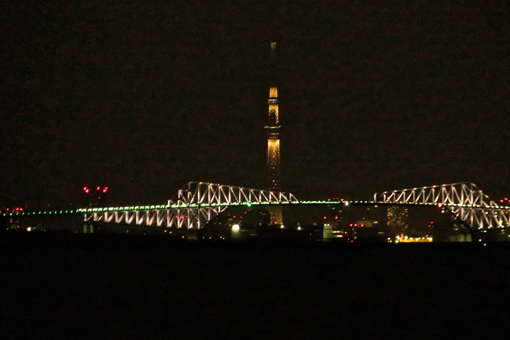 東京湾からのスカイツリーとゲートブリッジ