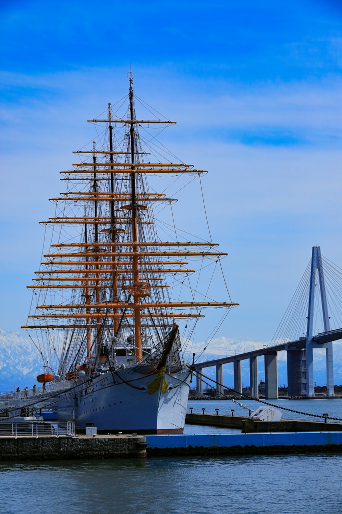 海王丸、新湊大橋と立山連峰