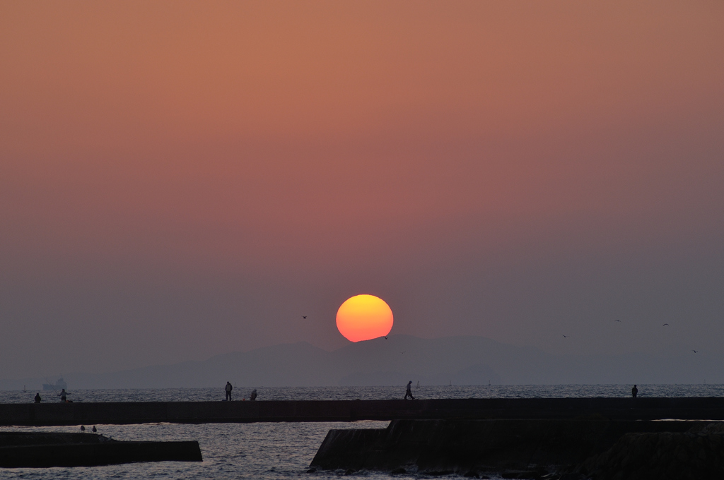 夕日と釣り人