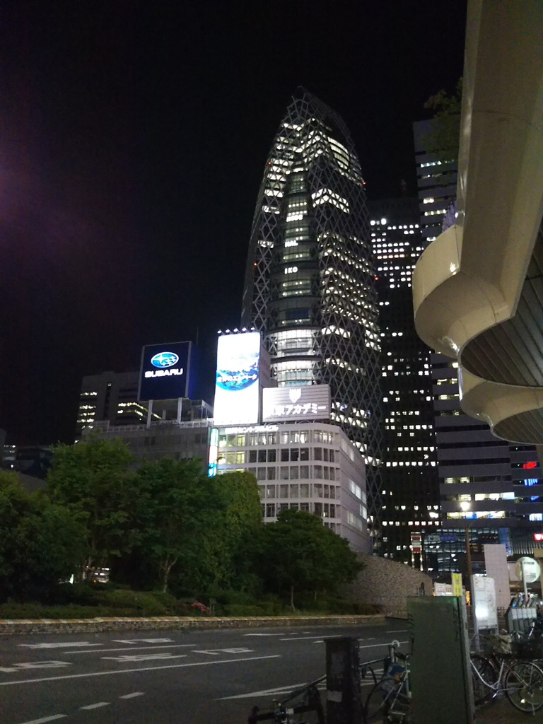 夜の新宿駅前に聳える