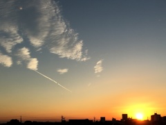 夕焼けに向かう飛行機雲