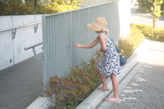 柵で遊ぶ子供