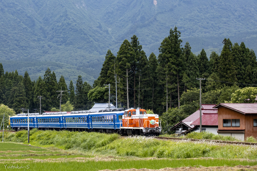 青い列車と赤い屋根