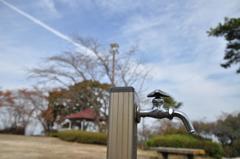 水道の向こうに飛行機雲