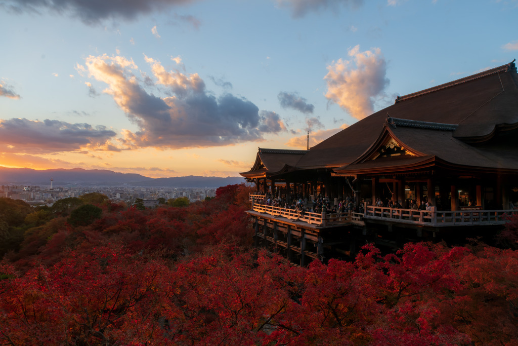 夕陽に照らされる清水寺