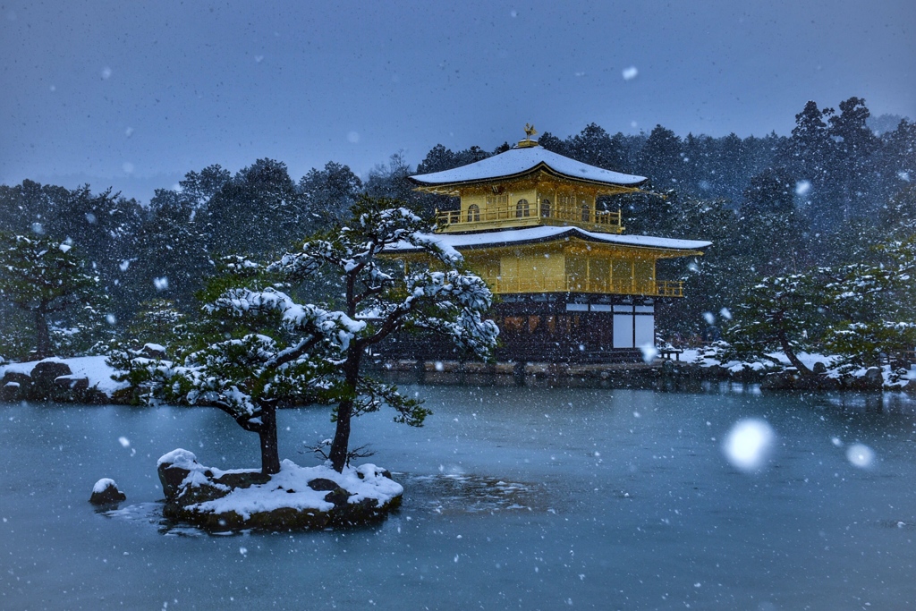 雪舞う金閣寺