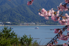 沖合に厳島神社の鳥居が見えます