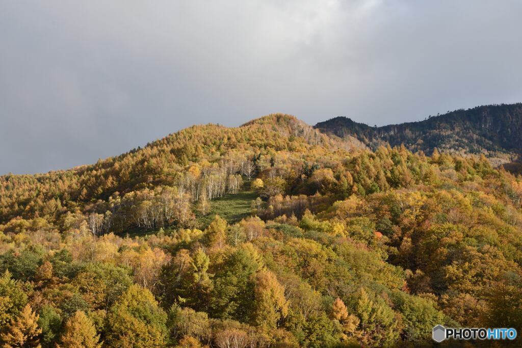 朝日に輝く秋の山