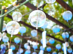 夏の涼　青い風鈴を見上げる