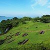 夏の芝生と誰もいないベンチ