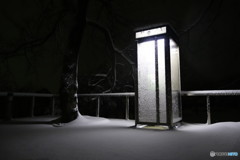 Telephone booth on snowy day