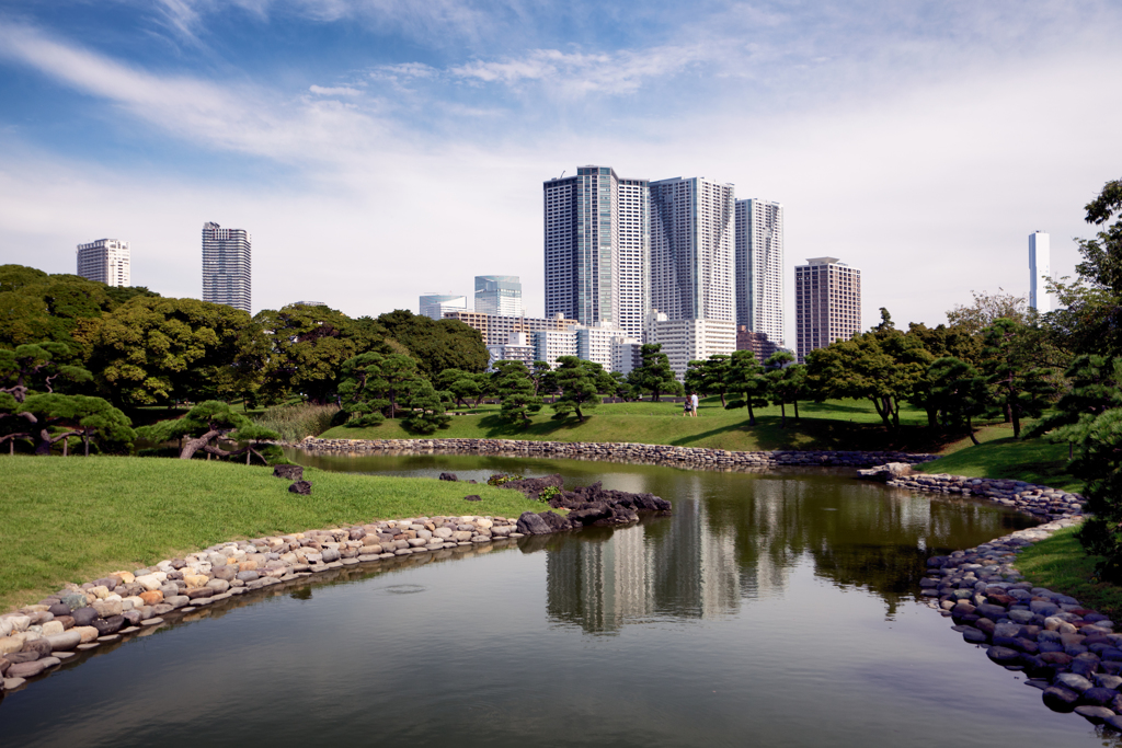 日本庭園から高層ビルを眺める
