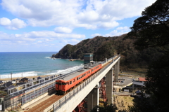 日本海と餘部鉄橋を進む列車