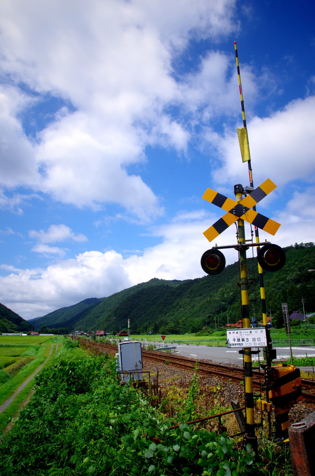 単線、踏み切り、青い空