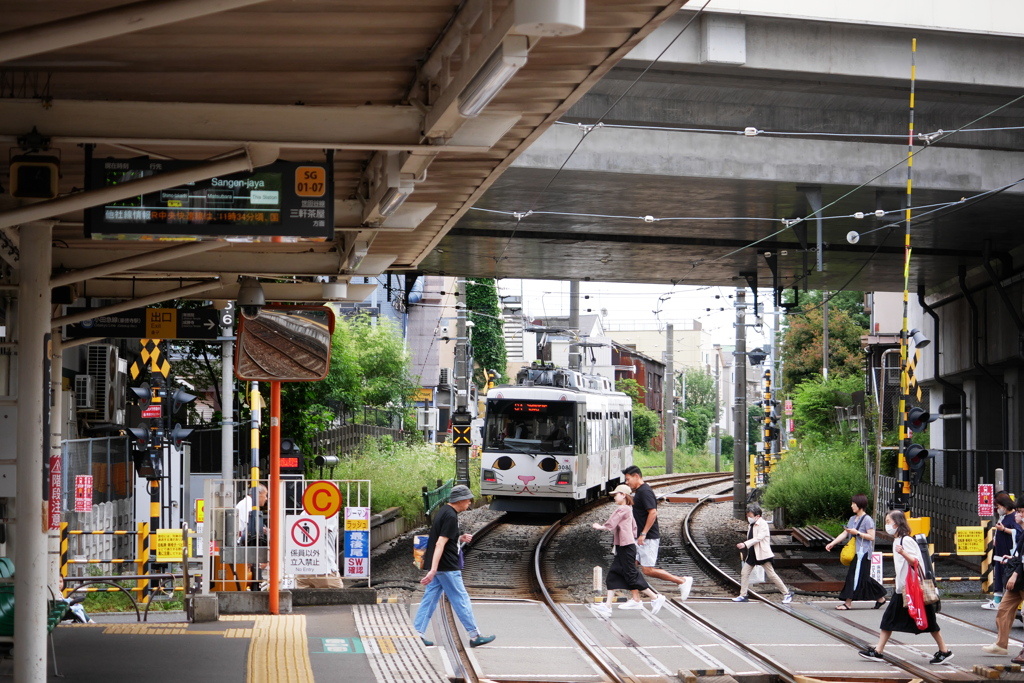 豪徳寺の街に溶け込む招き猫電車