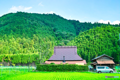 里山の田んぼの中の家