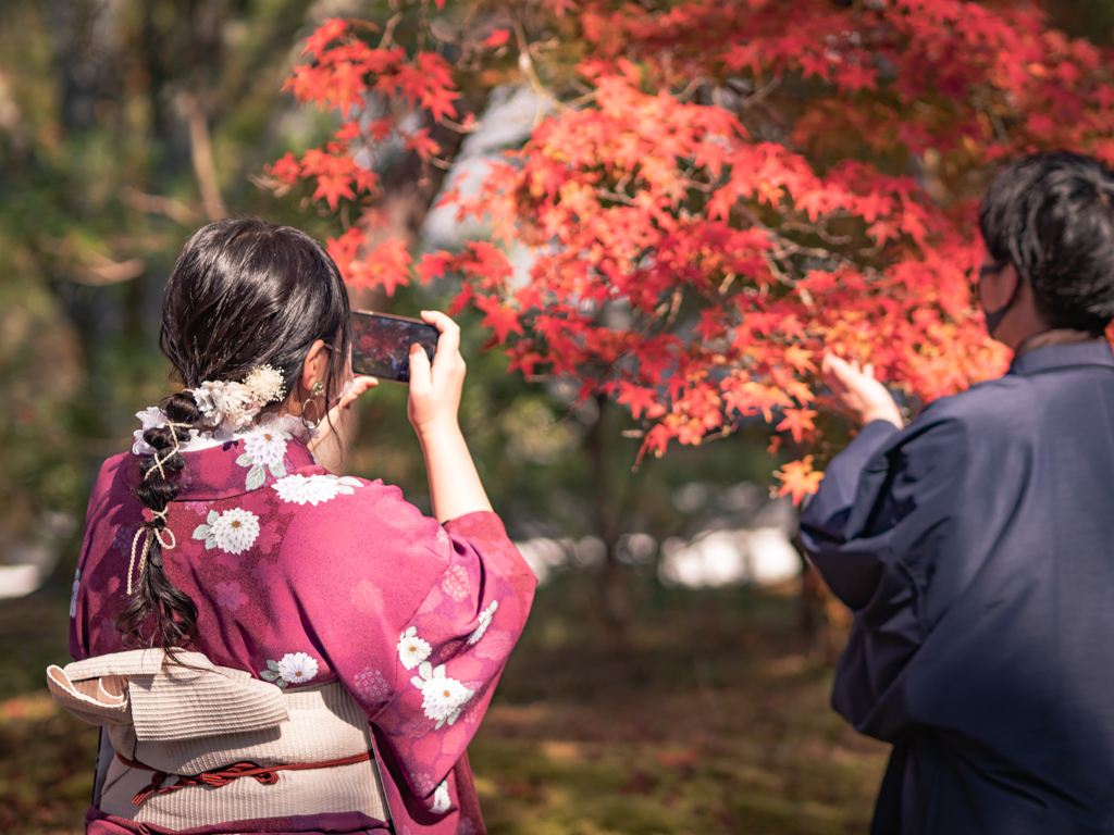 彼氏と紅葉を撮る彼女