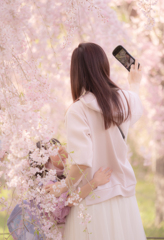 枝垂れ桜と親子