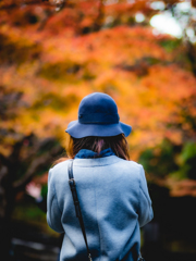 紅葉の下の彼氏を撮る彼女