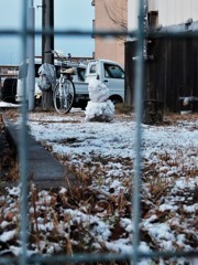 自転車に乗ってやってきた雪だるま