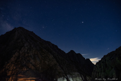 日没の奥穂高、星空のはじまり