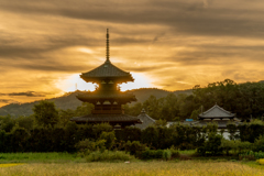 夕日越しの法起寺の塔